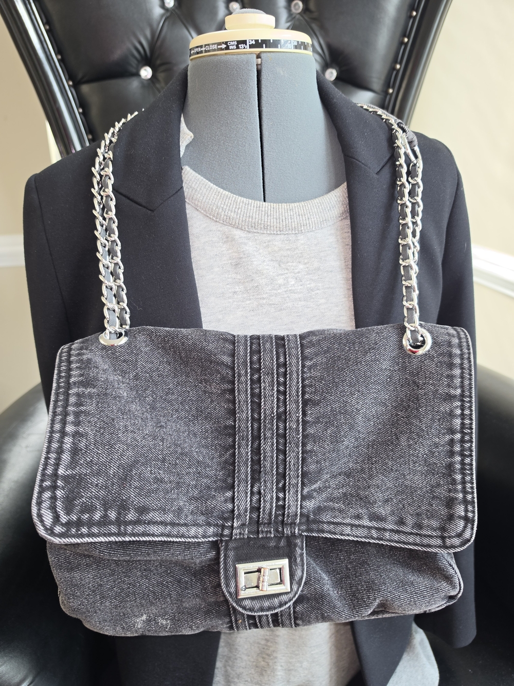 Women's Washed Black Denim Chain Shoulder Bag